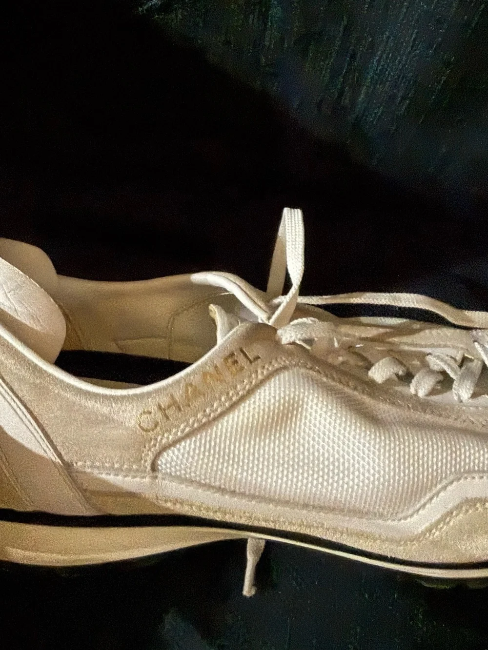 CHANEL Cream Lace-Up  Sneakers